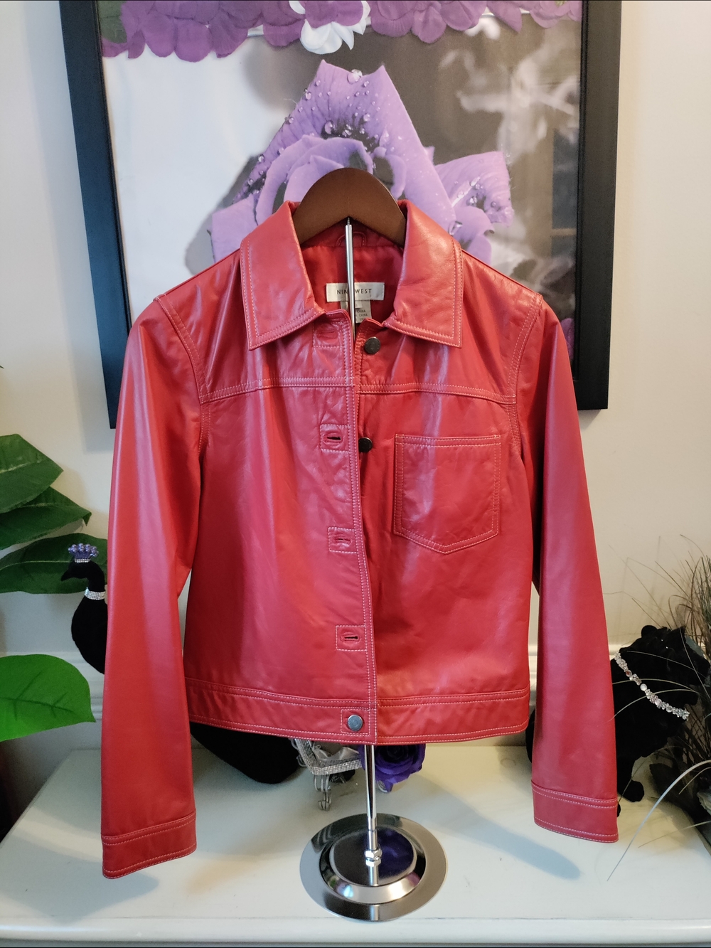 Nine West Genuine Leather Red Button Front Jacket Size Small | Classic Y2K